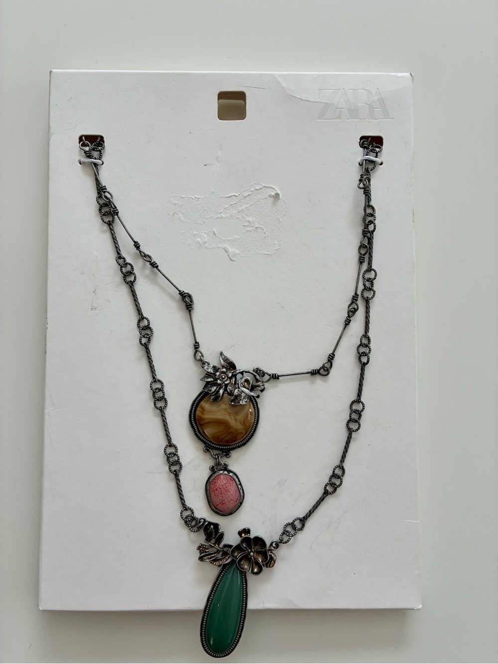 Zara Multi-Strand Antique Silver Tone Faux Stone Floral Statement Necklace